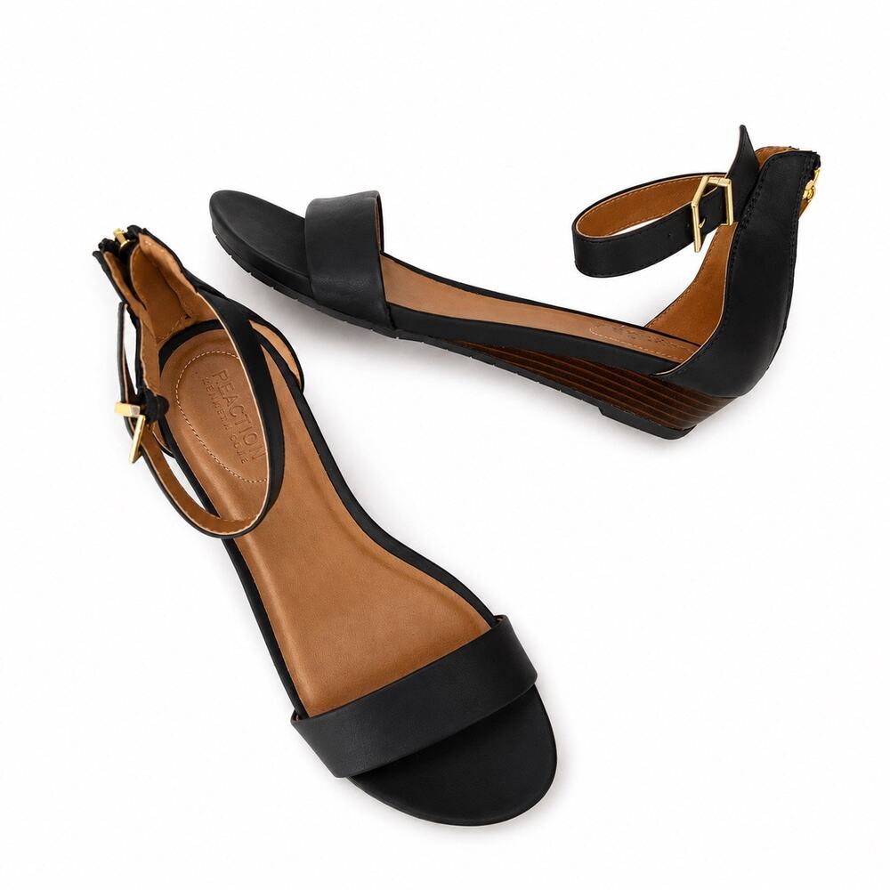 Kenneth Cole Reaction Black Open-Toe Ankle-Strap Sandals with Gold Buckle